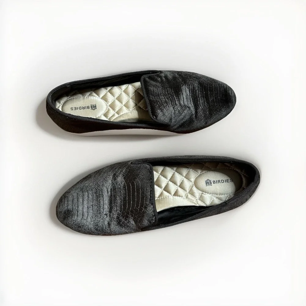 BIRDIES Dark Gray Velvet Starling Loafers Charcoal‎ Python Luxury US Women's 7.5